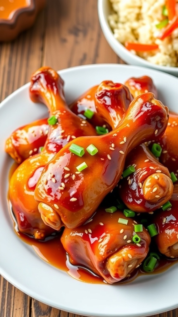 Honey garlic chicken drumsticks on a plate, garnished with sesame seeds and green onions, served with rice and vegetables.